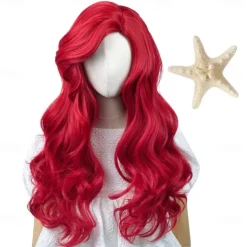 Curly Red Mermaid Wig for Women Long Wavy Cosplay Daily Hair Heat Resistant Synthetic Fiber Wig for Party Christmas（Only Wigs） Halloween Wigs