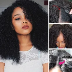 Curly V Part Wigs Brazilian Kinky Curly Human Hair Wigs for Black Women V Shape Wigs No Leave Out Lace Front Wigs Upgrade U Part Wigs Full Head Clip In Half Wigs