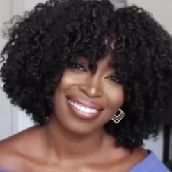 Curly Wigs for Black Women - Afro Curly Wig with Bangs Natural Black Hair Synthetic Heat Resistant Full Wigs