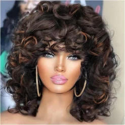 Curly Wigs for Black Women Soft Short Curly Wig with Bangs Afro Loose Curls Heat Resistant Synthetic Wig for Women