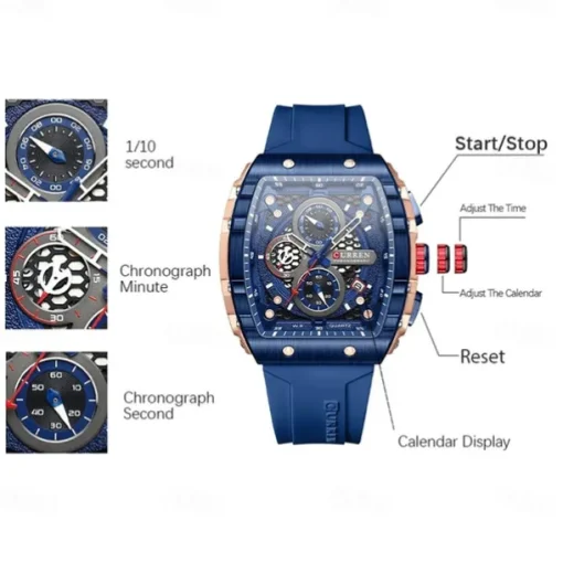 CURREN Men Quartz Watch Creative Outdoor Sports Analog Wristwatch Chronograph Waterproof Luminous Calendar Date Silicone Strap Watch