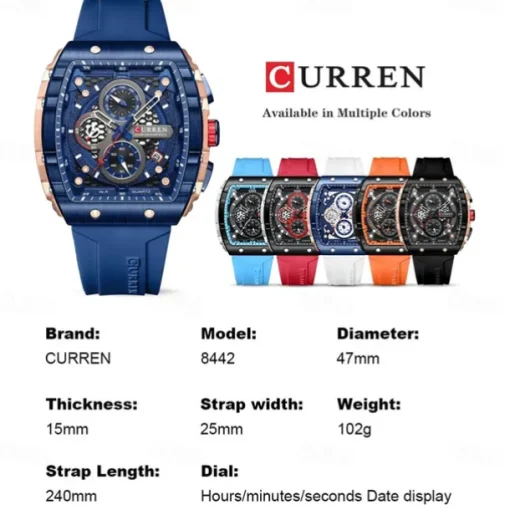 CURREN Men Quartz Watch Creative Outdoor Sports Analog Wristwatch Chronograph Waterproof Luminous Calendar Date Silicone Strap Watch