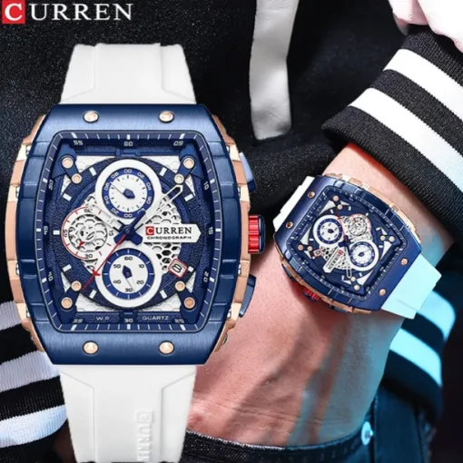 CURREN Men Quartz Watch Creative Outdoor Sports Analog Wristwatch Chronograph Waterproof Luminous Calendar Date Silicone Strap Watch