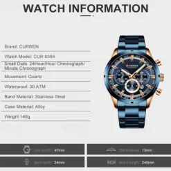 CURREN Men Watch Top Brand Luxury Sports Quartz Mens Watches Full Steel Waterproof Chronograph Wristwatch Men Relogio Masculino