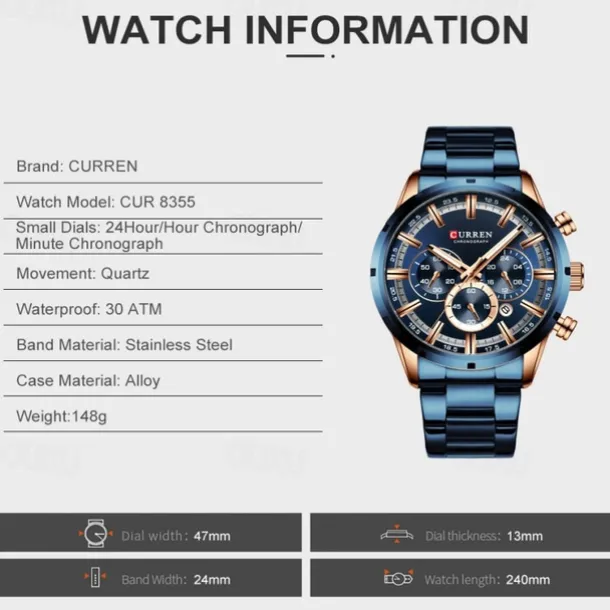 CURREN Men Watch Top Brand Luxury Sports Quartz Mens Watches Full Steel Waterproof Chronograph Wristwatch Men Relogio Masculino