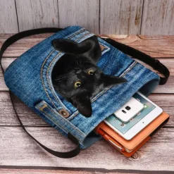 Cute Black Cat Denim Print Crossbody Bag – Casual Women's Shoulder Bag with Adjustable Strap
