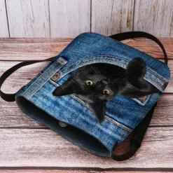 Cute Black Cat Denim Print Crossbody Bag – Casual Women's Shoulder Bag with Adjustable Strap