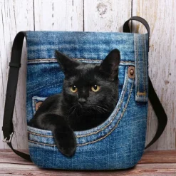 Cute Black Cat Denim Print Crossbody Bag – Casual Women's Shoulder Bag with Adjustable Strap