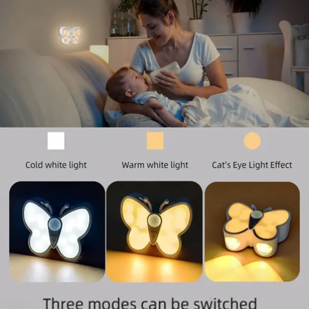 Cute Butterfly Shaped LED Motion Sensor Night Light with Switch, Rechargeable Human Body Infrared Detection 3 Modes for Children's Day Christmas Gift 1PC