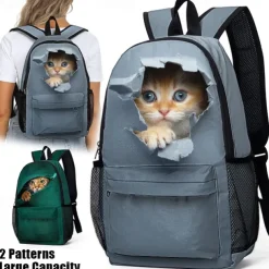3D Cute Cat Backpack with Ripped Wall Print – Large Capacity School Bag for Girls, Teens, and Cat Lovers, Lightweight Bookbag for Daily Use or Travel