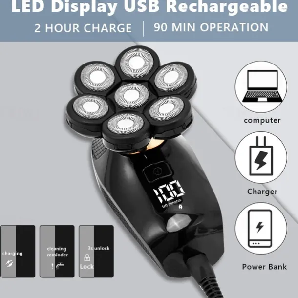 7D Electric Shaver for Men - Waterproof, 7 Floating Cutter Heads, Multifunction USB Rechargeable Razor & Trimmer