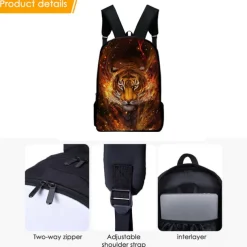 3D Fire Tiger Backpack for Boys and Teens – Large Capacity Animal Print School Bag for Middle and High School, Lightweight and Durable Bookbag for Daily Use