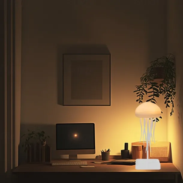 3D LED Jellyfish Lamp with Rotating Tentacles, Key Operation/Voice Control, 5 Colors Mood Light for Room Decoration - Hanging Style with Base