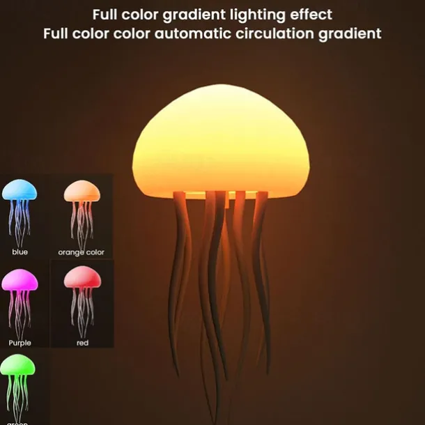3D LED Jellyfish Lamp with Rotating Tentacles, Key Operation/Voice Control, 5 Colors Mood Light for Room Decoration - Hanging Style with Base