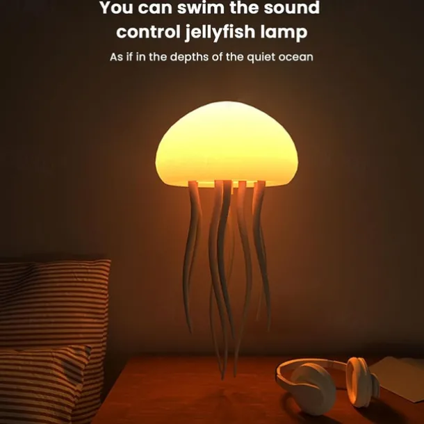 3D LED Jellyfish Lamp with Rotating Tentacles, Key Operation/Voice Control, 5 Colors Mood Light for Room Decoration - Hanging Style with Base