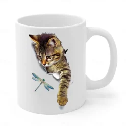 3D Print Kittens Hole In A Wall Mug, Ceramic Coffee Cat Mug 3D Novelty Cat Mugs Cat Lovers Coffee Mug Cat Club Cup White Ceramic Mug Gifts For Men Women