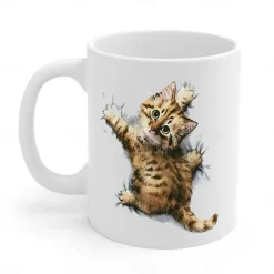 3D Print Kittens Hole In A Wall Mug, Ceramic Coffee Cat Mug 3D Novelty Cat Mugs Cat Lovers Coffee Mug Cat Club Cup White Ceramic Mug Gifts For Men Women