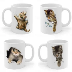 3D Print Kittens Hole In A Wall Mug, Ceramic Coffee Cat Mug 3D Novelty Cat Mugs Cat Lovers Coffee Mug Cat Club Cup White Ceramic Mug Gifts For Men Women