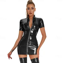 Dance Costumes Exotic Dancewear Pole dance Dress Metal Chain Pure Color Splicing Women's Performance Training Short Sleeve Dropped Polyester PU