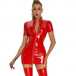 Dance Costumes Exotic Dancewear Pole dance Dress Metal Chain Pure Color Splicing Women's Performance Training Short Sleeve Dropped Polyester PU