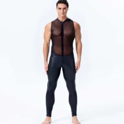 Dance Costumes Leotard / Onesie Split Joint Full Length Visible Zipper Men's Performance Theme Party Sleeveless Natural PU Mesh Sexy Perspective