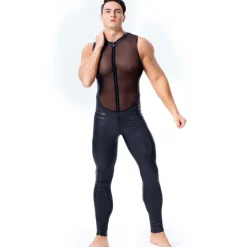 Dance Costumes Leotard / Onesie Split Joint Full Length Visible Zipper Men's Performance Theme Party Sleeveless Natural PU Mesh Sexy Perspective