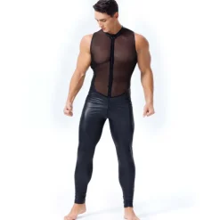 Dance Costumes Leotard / Onesie Split Joint Full Length Visible Zipper Men's Performance Theme Party Sleeveless Natural PU Mesh Sexy Perspective
