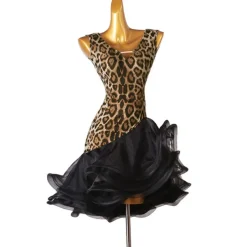 Dance Salsa Latin Dance Dress Leopard Print Ruffles Women's Training Sleeveless High Spandex