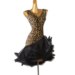 Dance Salsa Latin Dance Dress Leopard Print Ruffles Women's Training Sleeveless High Spandex