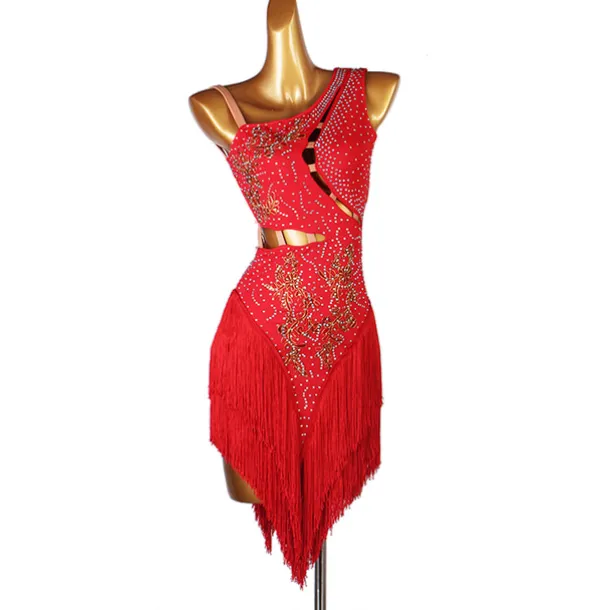 Dance Salsa Latin Dance Dress Fringed Tassel Split Joint Crystals / Competition Dress Rhinestones Women's Performance Sleeveless Chinlon