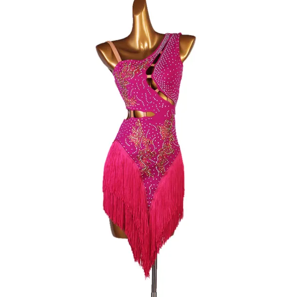 Dance Salsa Latin Dance Dress Fringed Tassel Split Joint Crystals / Competition Dress Rhinestones Women's Performance Sleeveless Chinlon