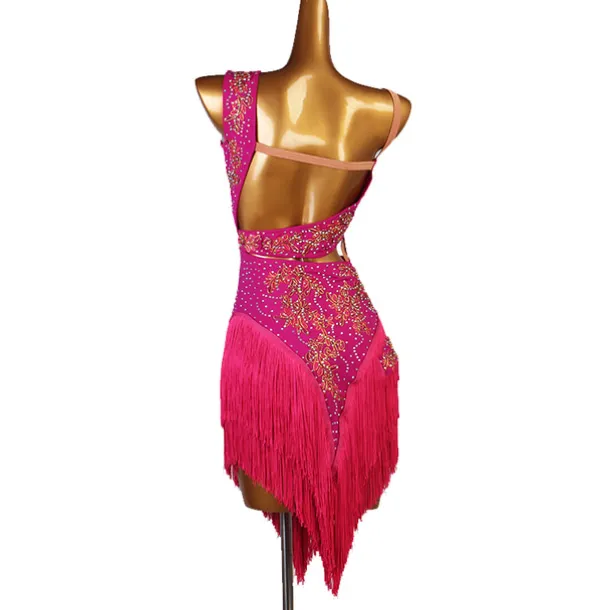 Dance Salsa Latin Dance Dress Fringed Tassel Split Joint Crystals / Competition Dress Rhinestones Women's Performance Sleeveless Chinlon