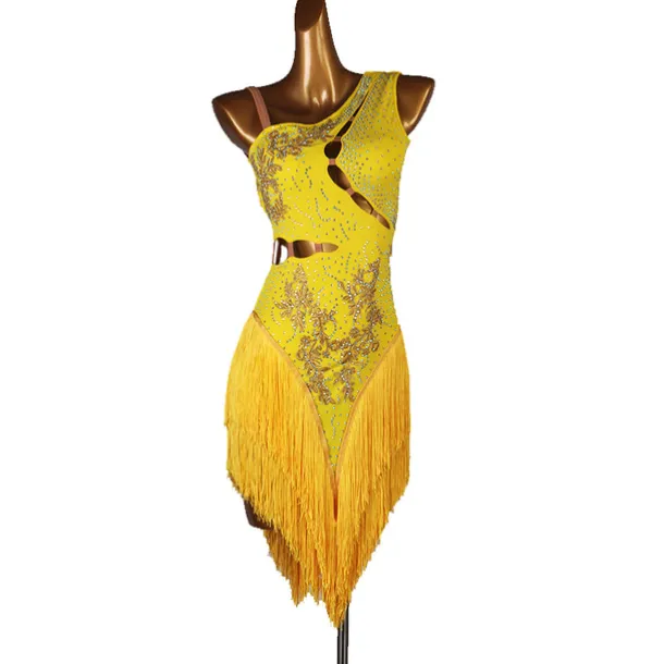 Dance Salsa Latin Dance Dress Fringed Tassel Split Joint Crystals / Competition Dress Rhinestones Women's Performance Sleeveless Chinlon