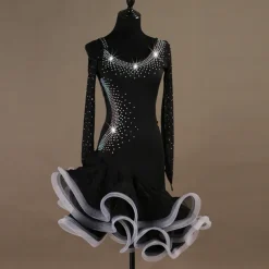 Dance Salsa Latin Dance Dress Crystals / Rhinestones Women's Training Long Sleeve High Spandex Tulle