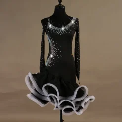 Dance Salsa Latin Dance Dress Crystals / Rhinestones Women's Training Long Sleeve High Spandex Tulle