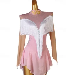 Dance Salsa Latin Dance Dress Rhinestone Tassel Women's Girls' Performance Training Long Sleeve High Spandex Tulle