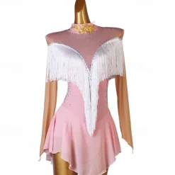 Dance Salsa Latin Dance Dress Rhinestone Tassel Women's Girls' Performance Training Long Sleeve High Spandex Tulle