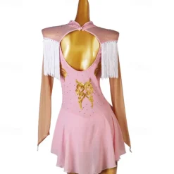 Dance Salsa Latin Dance Dress Rhinestone Tassel Women's Girls' Performance Training Long Sleeve High Spandex Tulle