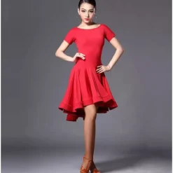 Dance Salsa Latin Dance Dress Pure Color Women's Performance Training Short Sleeve High POLY