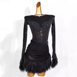 Dance Salsa Latin Dance Dress Tassel Pure Color Splicing Women's Performance Training Long Sleeve Mesh Stretch Yarn