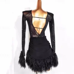 Dance Salsa Latin Dance Dress Tassel Pure Color Splicing Women's Performance Training Long Sleeve Mesh Stretch Yarn
