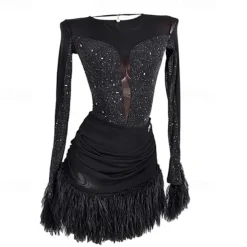 Dance Salsa Latin Dance Dress Tassel Pure Color Splicing Women's Performance Training Long Sleeve Mesh Stretch Yarn