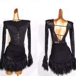 Dance Salsa Latin Dance Dress Tassel Pure Color Splicing Women's Performance Training Long Sleeve Mesh Stretch Yarn