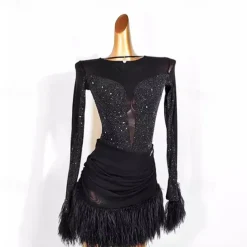 Dance Salsa Latin Dance Dress Tassel Pure Color Splicing Women's Performance Training Long Sleeve Mesh Stretch Yarn