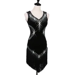 Dance Salsa Latin Dance Dress Fringed Tassel Crystals / Rhinestones Women's Training Performance Sleeveless High Pleuche