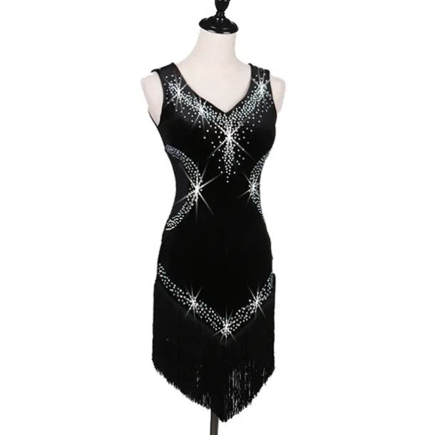 Dance Salsa Latin Dance Dress Fringed Tassel Crystals / Rhinestones Women's Training Performance Sleeveless High Pleuche