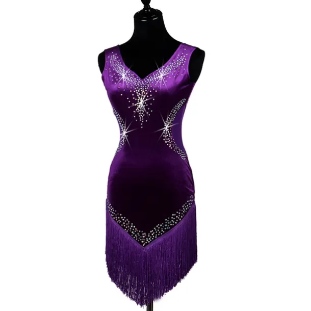 Dance Salsa Latin Dance Dress Fringed Tassel Crystals / Rhinestones Women's Training Performance Sleeveless High Pleuche