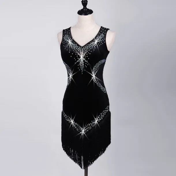 Dance Salsa Latin Dance Dress Fringed Tassel Crystals / Rhinestones Women's Training Performance Sleeveless High Pleuche