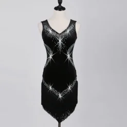 Dance Salsa Latin Dance Dress Fringed Tassel Crystals / Rhinestones Women's Training Performance Sleeveless High Pleuche