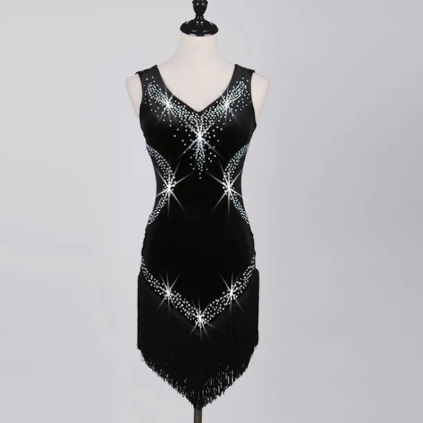 Dance Salsa Latin Dance Dress Fringed Tassel Crystals / Rhinestones Women's Training Performance Sleeveless High Pleuche